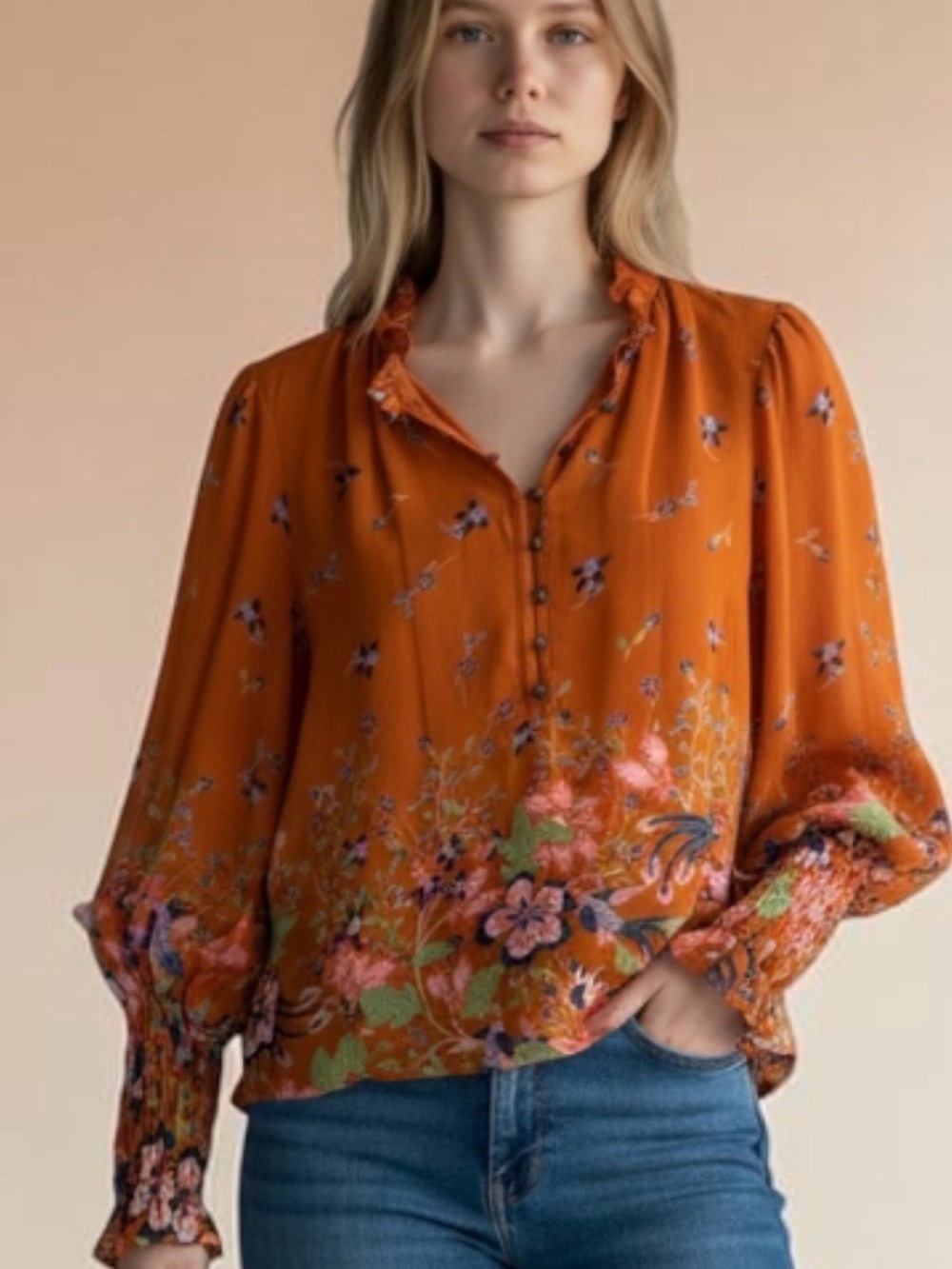 Anthropologie Orange Floral Button-Front Peasant Blouse